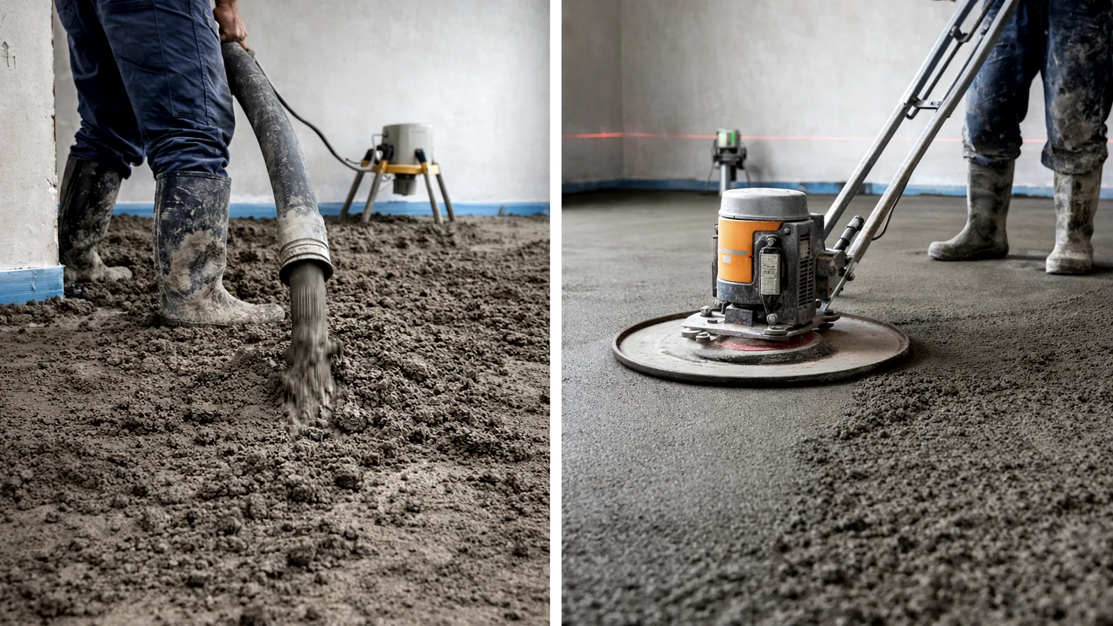 Процесс укладки полусухой механизированной стяжки